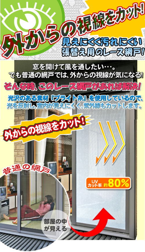 見えにくく汚れにくい張替え用のレース網戸!外から見えにくく汚れにくいレース網戸