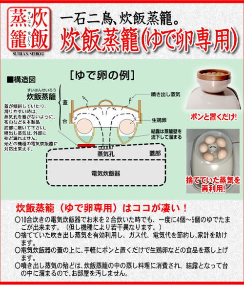 一石二鳥!電気炊飯器の噴き出し蒸気で蒸し料理が出来る!炊飯蒸籠でゆで卵ができる!別にお湯を沸かす必要なし。非常に経済的。