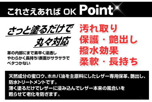 塗るだけで、汚れ取り、保護・艶出し、撥水効果、柔軟・長持ち。革をよみがえらせて老化を防ぎます。