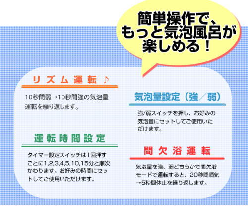 簡単操作で、色々な気泡風呂が楽しめる