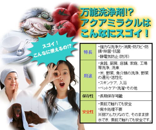 無公害洗浄液アクアミラクル。あらゆるものに使えます、