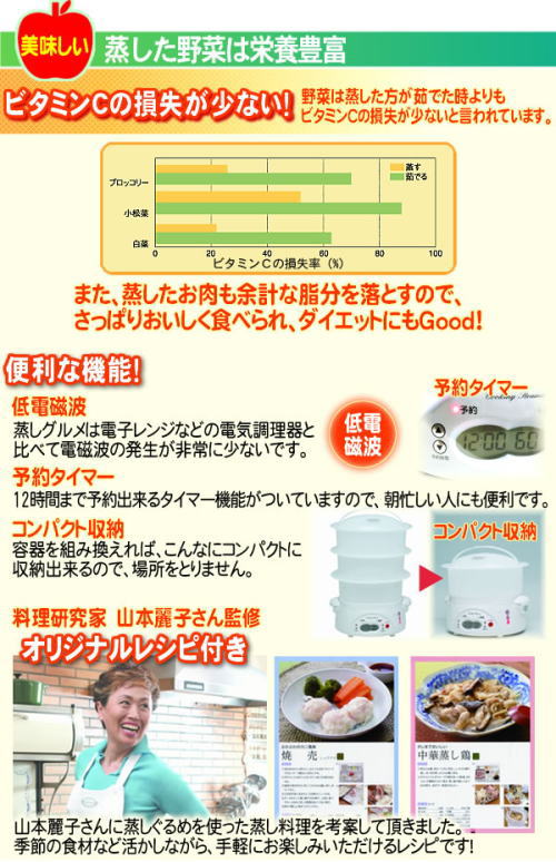 蒸した野菜は栄養豊富。ビタミンの損失が少なく、素材の特徴をそのままで調理します。低電磁波・予約タイマー・コンパクト収納という便利な機能。「蒸しグルメ」