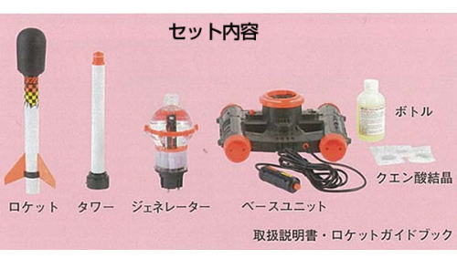 セット内容。ロケット、タワー、ジェネレーター、ベースユニット、ボトル、クエン酸結晶、取扱説明書、ロケットガイドブック